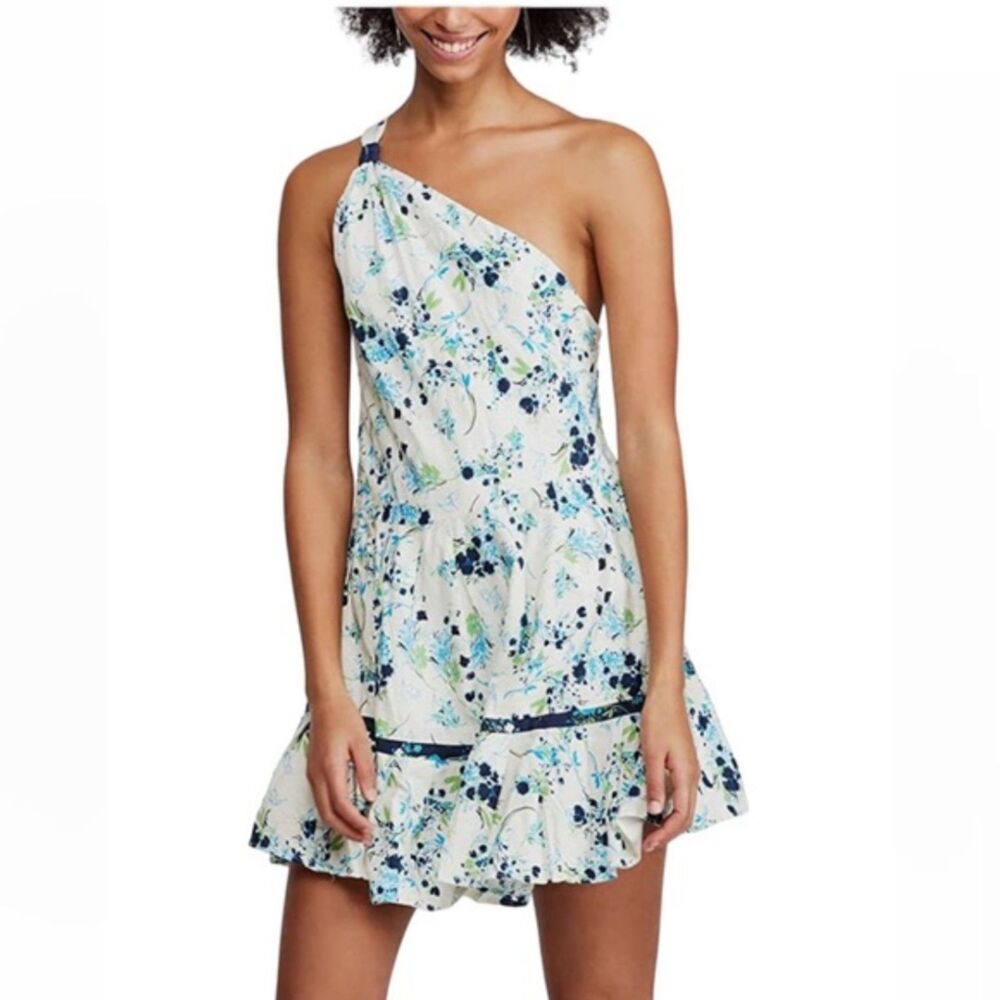 Free People All Mine Mini Dress Ivory Blue Floral One Shoulder - Medium NWT